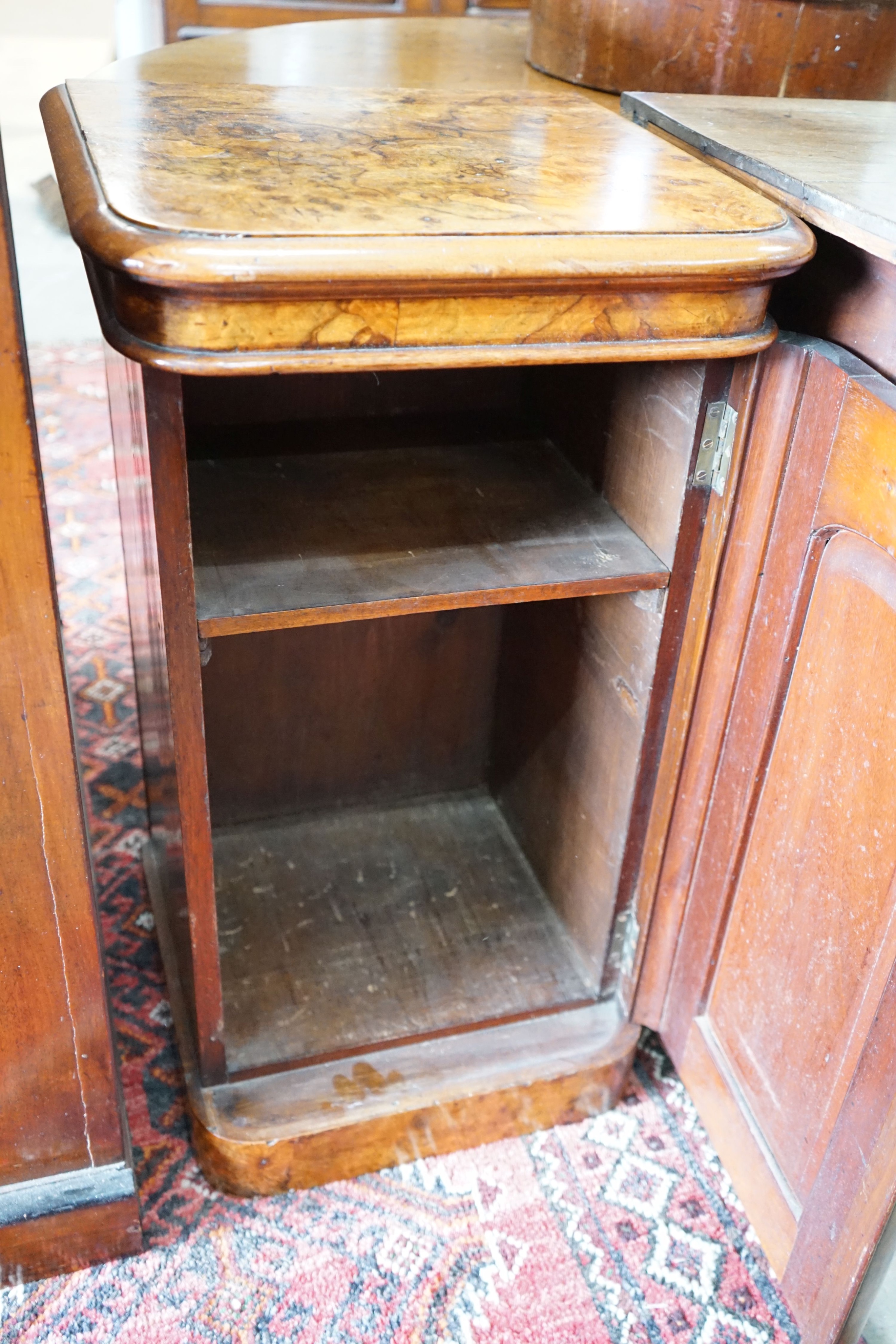 A Victorian figured walnut bedside cabinet, width 42cm, depth 38cm, height 75cm